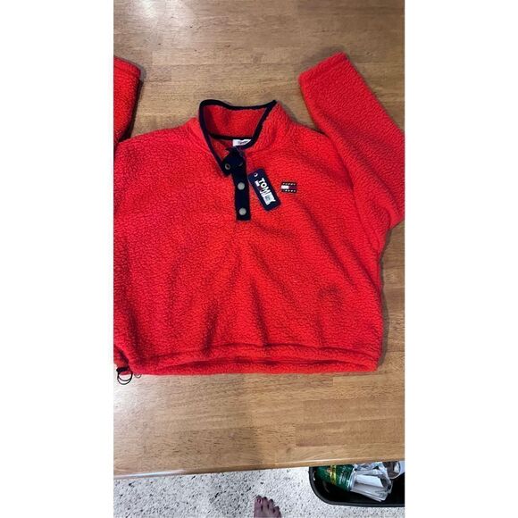 TOMMY JEANS RED FLEECE BLACK TRIM SWEATER PULLOVER TOP JACKET WOMENS SZ XL P1-26 - Picture 3 of 12